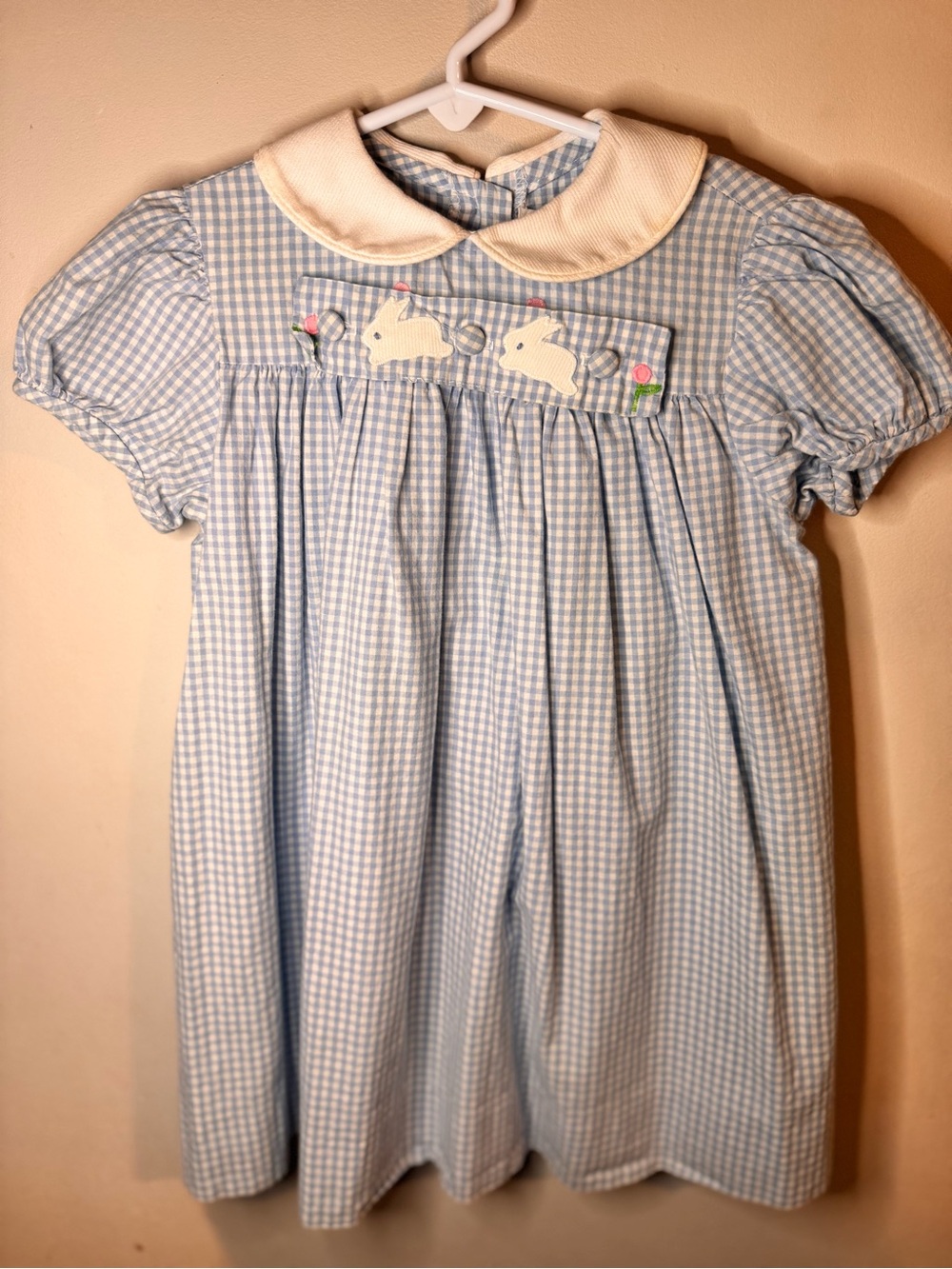 Vintage “funtasia too”  Light Blue Gingham Smocked Bunny Dress